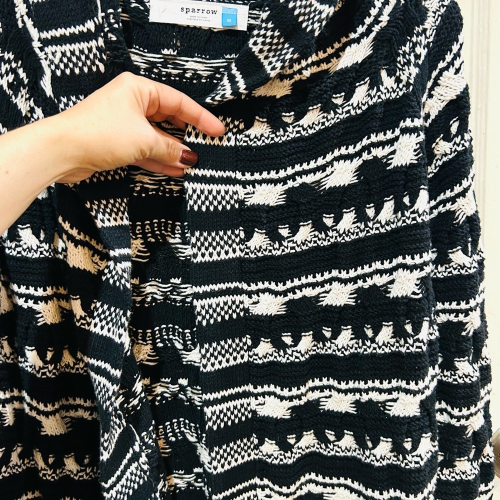 Anthropologie Sparrow Black & White Open Chunky Knit Sweater Cardigan Hood M - Picture 6 of 8